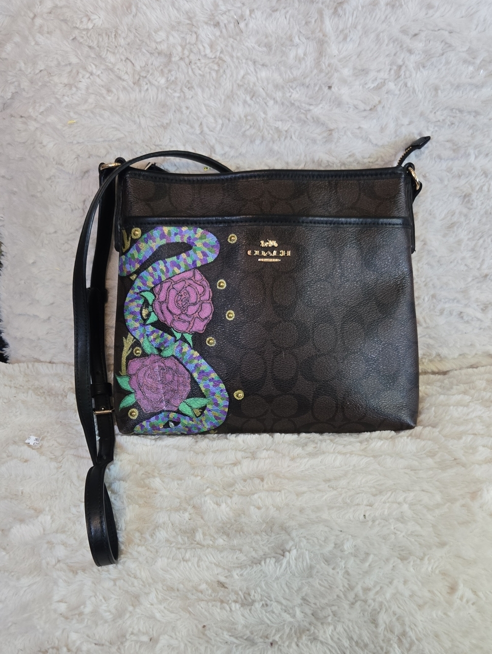 Coach Dark Brown Signature Crossbody with Floral Snake Hand Painted By My Daught